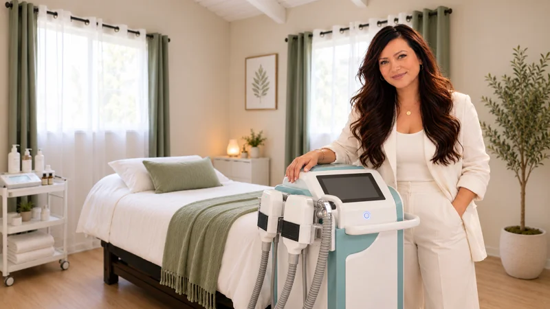 Star Kenison standing beside Cryo body-sculpting equipment at All Star Aesthetics in Kailua.